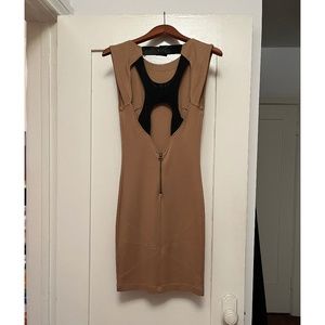 Alice+Olvia tight camel mini dress with mesh black cross back Size XS